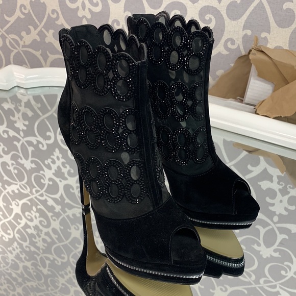 Peep Toe Mesh and Crystal Detail Platform Stiletto High Heel Velvet Ankle Boot - Picture 2 of 8